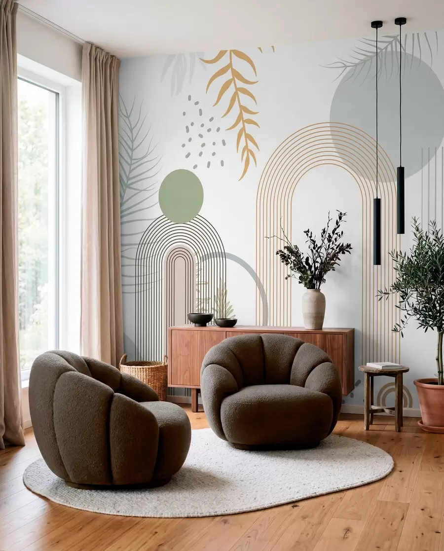 murais de parede Impressão abstrata com formas geométricas, arcos e folhas tropicais em um fundo branco w08835