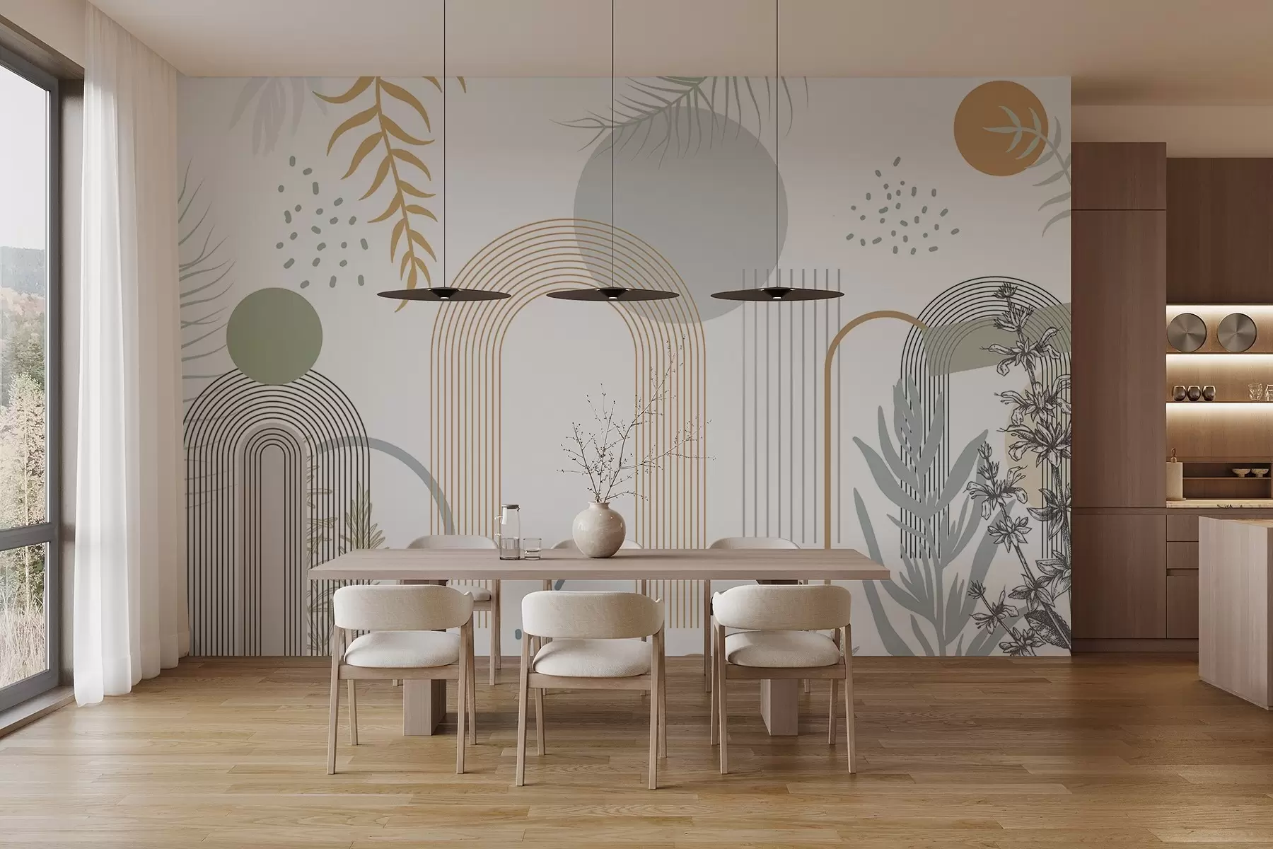 murais de parede Impressão abstrata com formas geométricas, arcos e folhas tropicais em um fundo branco w08835