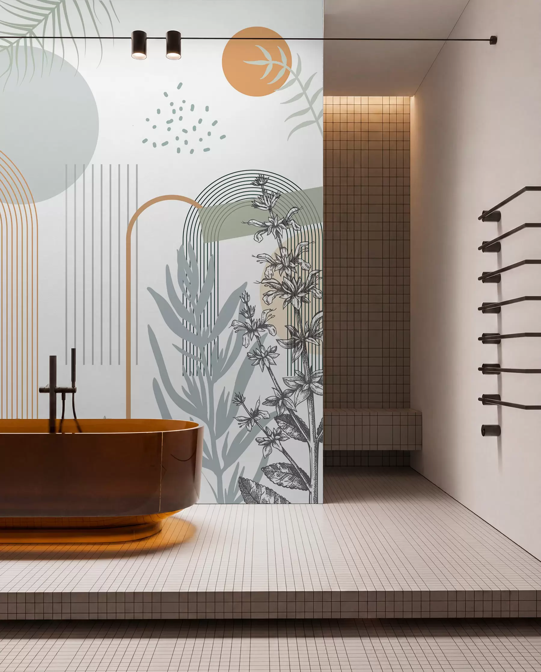 murais de parede Impressão abstrata com formas geométricas, arcos e folhas tropicais em um fundo branco w08835