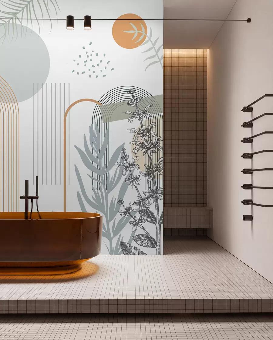 murais de parede Impressão abstrata com formas geométricas, arcos e folhas tropicais em um fundo branco w08835