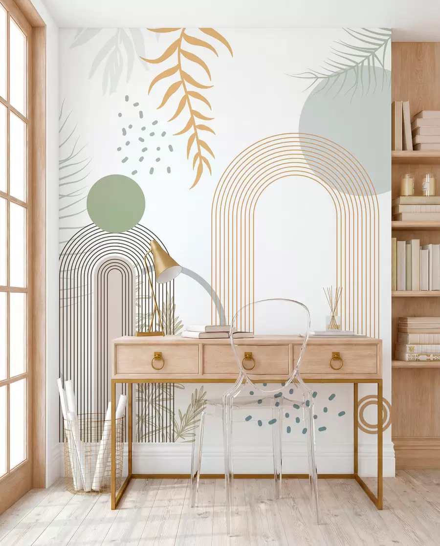 murais de parede Impressão abstrata com formas geométricas, arcos e folhas tropicais em um fundo branco w08835