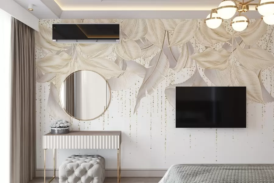 murais de parede Folhas tropicais brancas detalhadas e textura de pontos amarelos em um fundo branco w08836