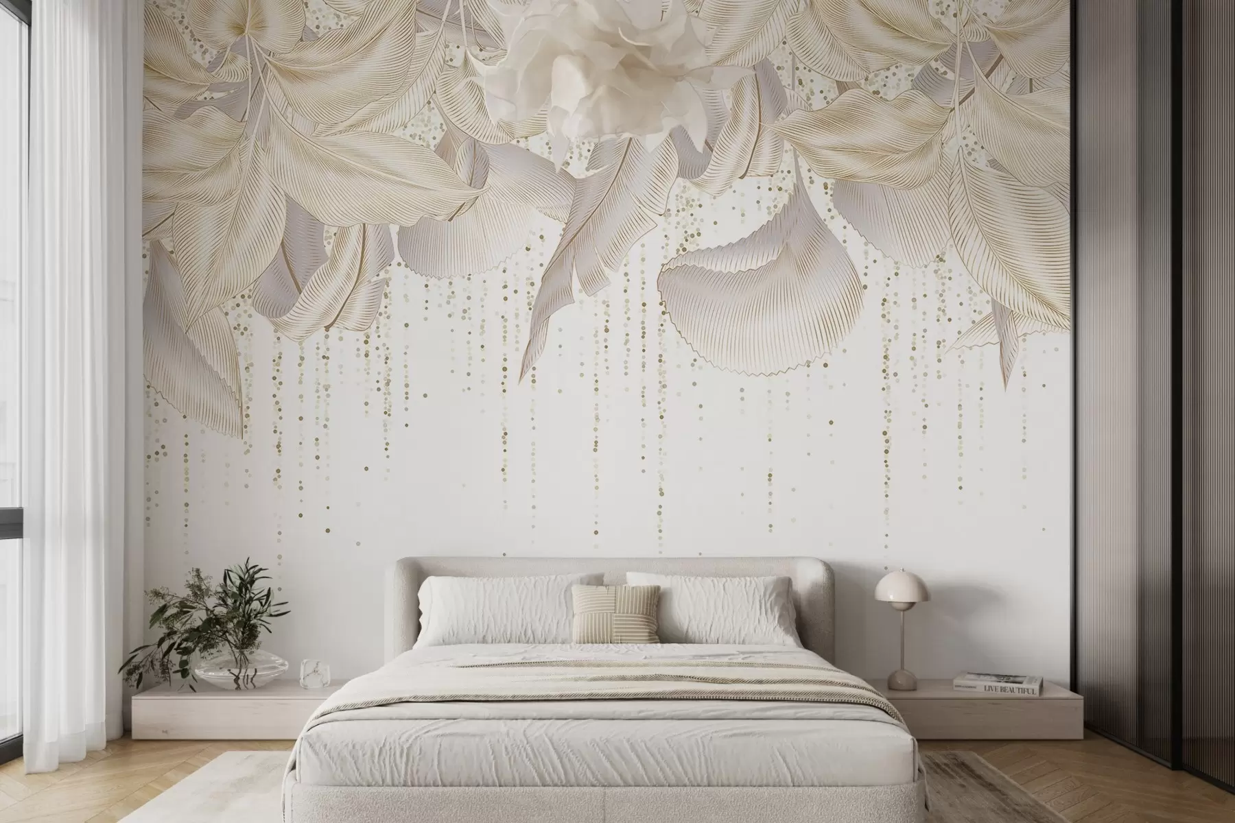 murais de parede Folhas tropicais brancas detalhadas e textura de pontos amarelos em um fundo branco w08836