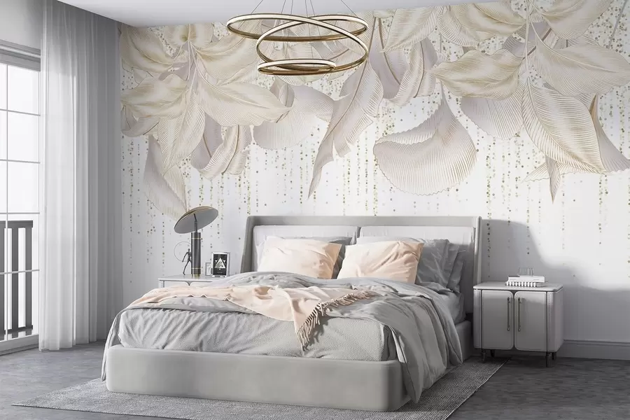 murais de parede Folhas tropicais brancas detalhadas e textura de pontos amarelos em um fundo branco w08836