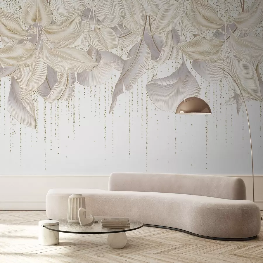 murais de parede Folhas tropicais brancas detalhadas e textura de pontos amarelos em um fundo branco w08836