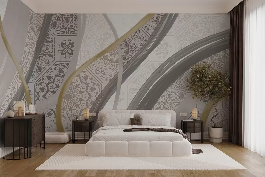 murais de parede Pintura abstrata com padrões geométricos e linhas curvas nas cores bege, cinza e amarelo w08837
