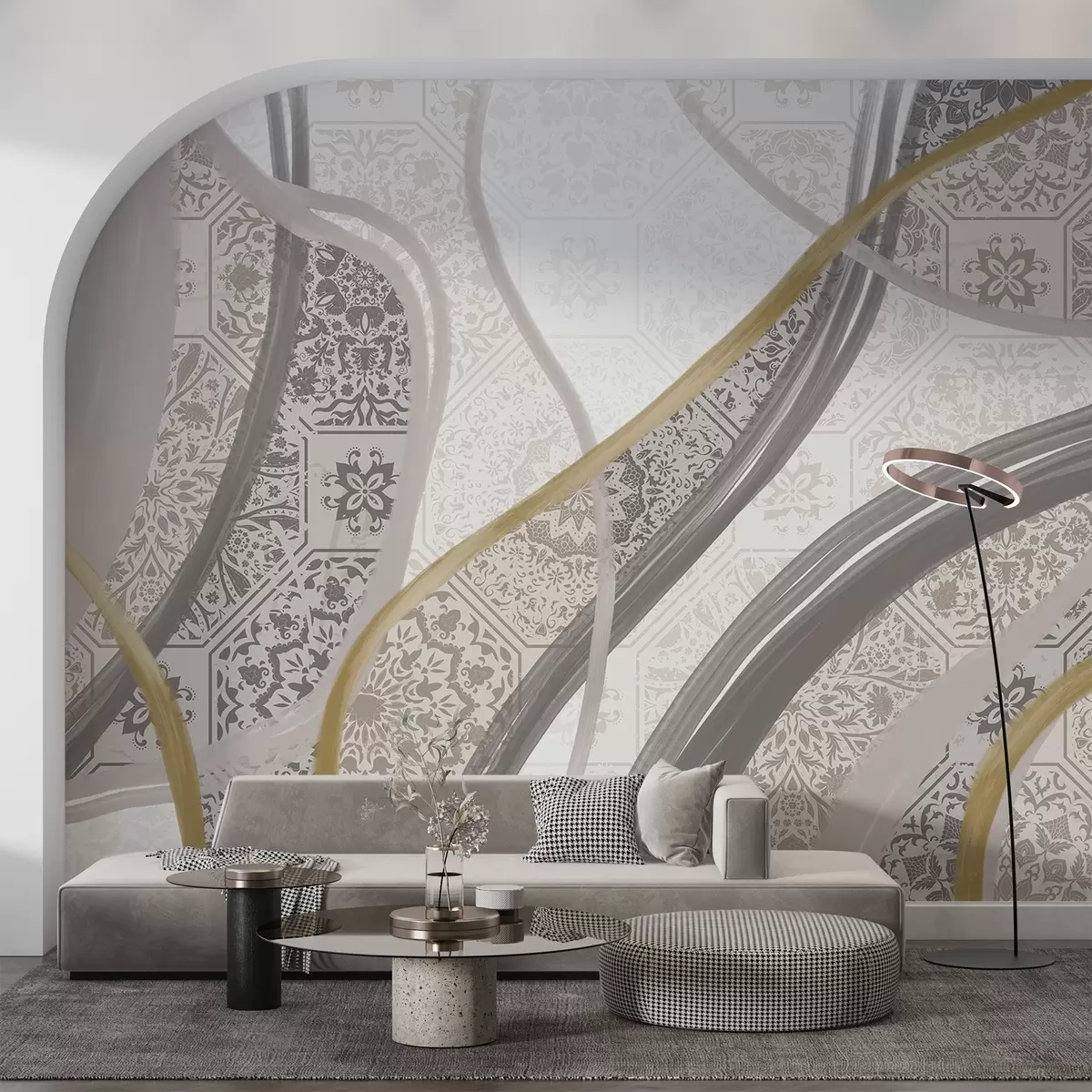 murais de parede Pintura abstrata com padrões geométricos e linhas curvas nas cores bege, cinza e amarelo w08837