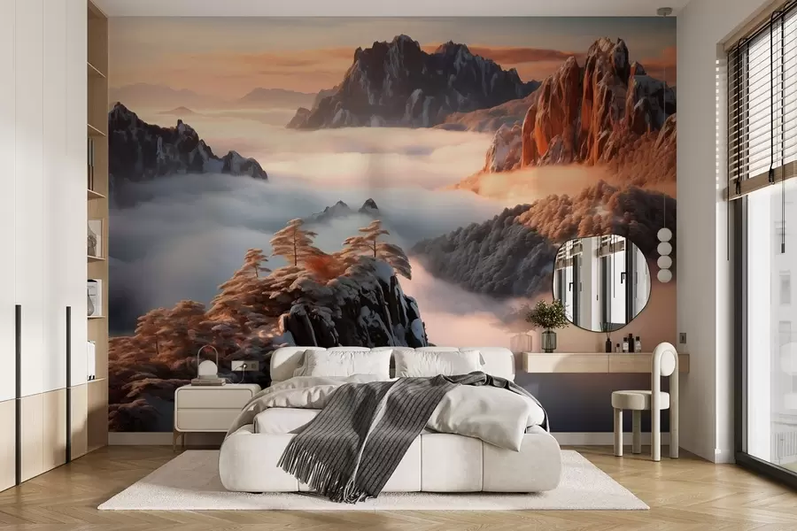 murais de parede Paisagem encantadora de montanha com neblina e árvores w08807
