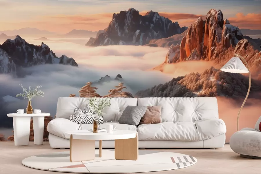 murais de parede Paisagem encantadora de montanha com neblina e árvores w08807