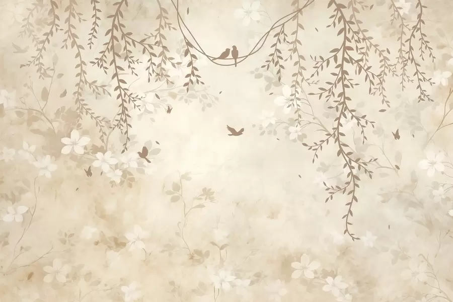 murais de parede Pássaros com plantas suspensas e um padrão floral em tons de bege-creme claro w08809