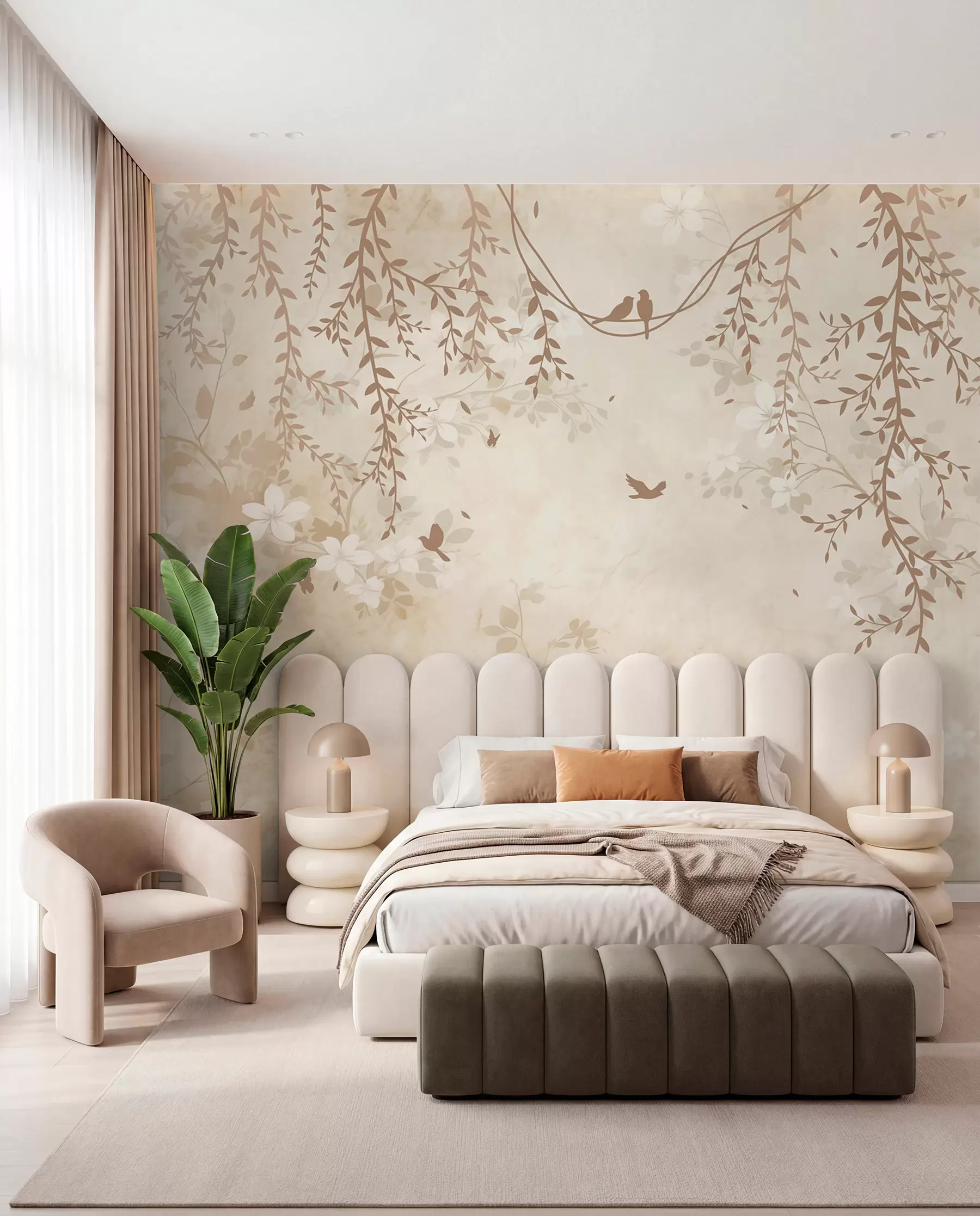 murais de parede Pássaros com plantas suspensas e um padrão floral em tons de bege-creme claro w08809