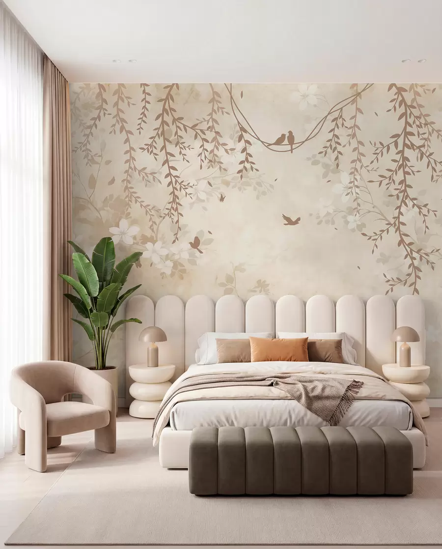 murais de parede Pássaros com plantas suspensas e um padrão floral em tons de bege-creme claro w08809