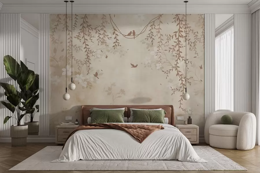 murais de parede Pássaros com plantas suspensas e um padrão floral em tons de bege-creme claro w08809