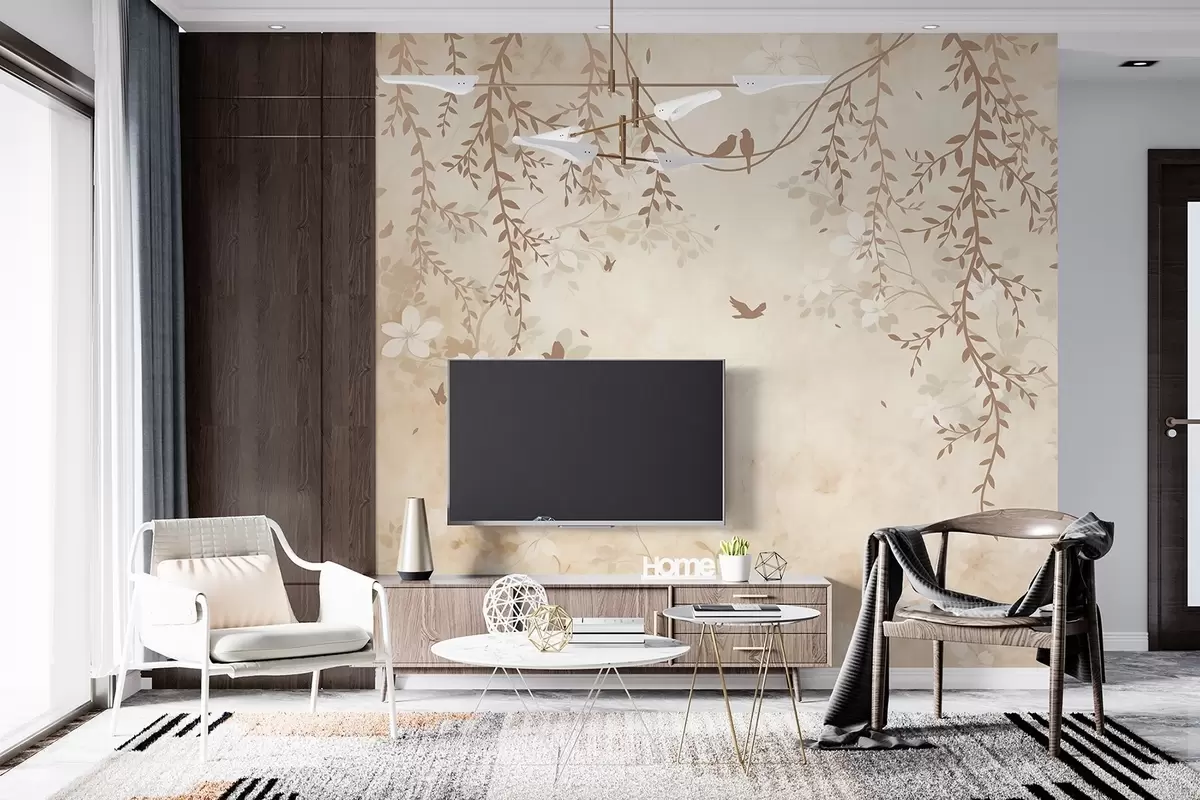 murais de parede Pássaros com plantas suspensas e um padrão floral em tons de bege-creme claro w08809