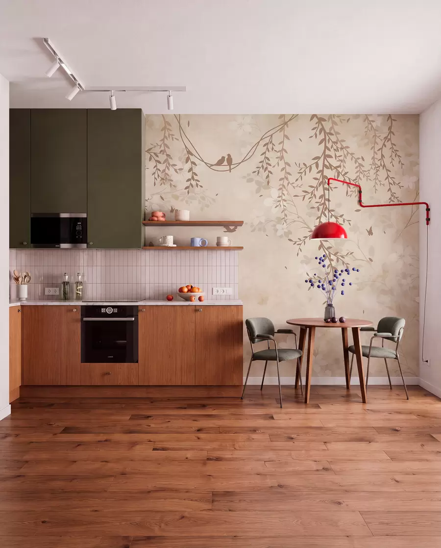 murais de parede Pássaros com plantas suspensas e um padrão floral em tons de bege-creme claro w08809