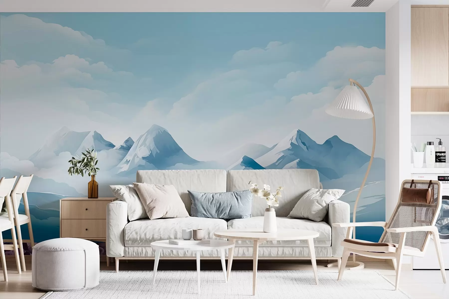 murais de parede Nuvens e montanhas azuis minimalistas, clima gelado w08811