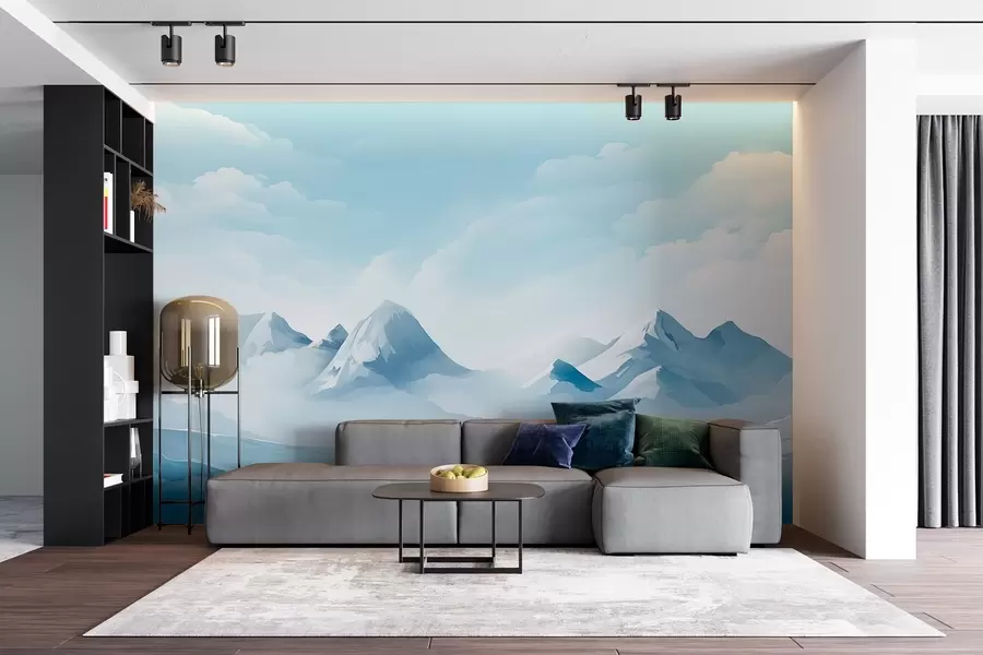murais de parede Nuvens e montanhas azuis minimalistas, clima gelado w08811