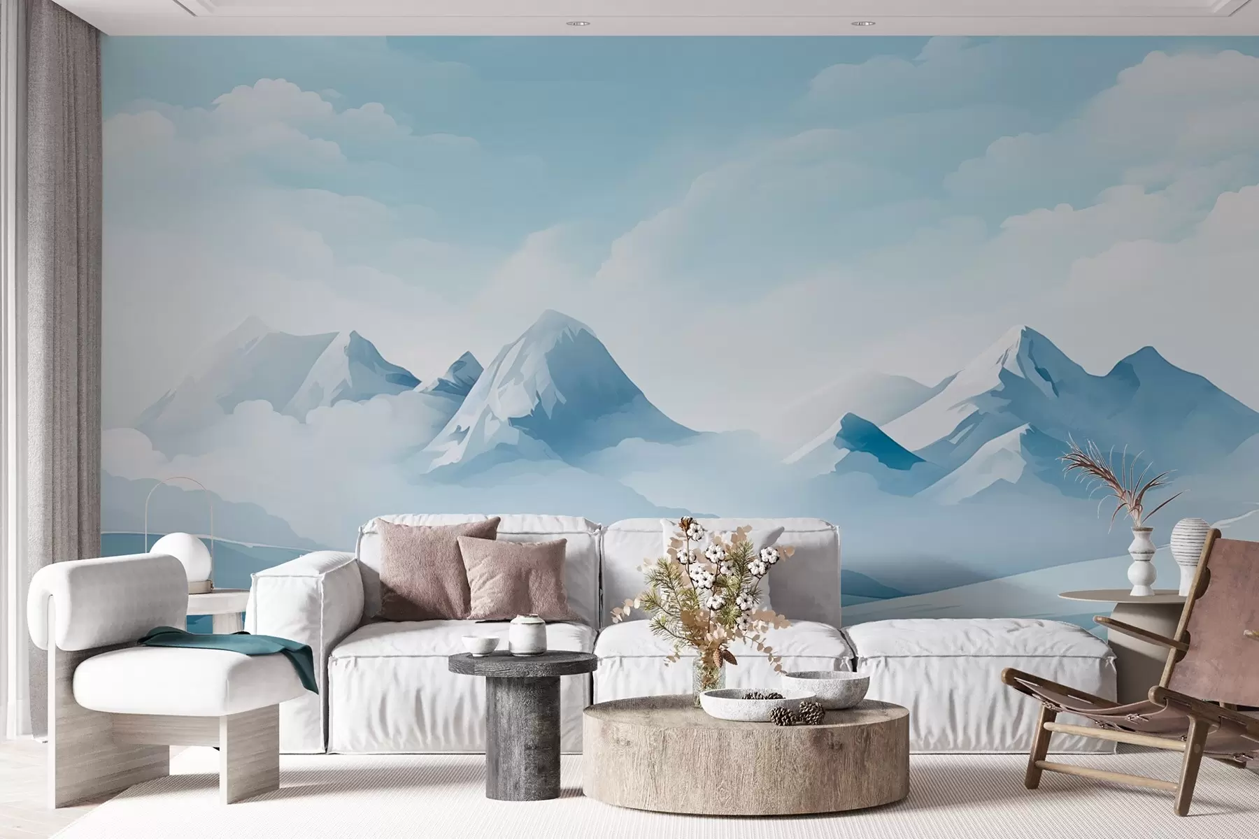 murais de parede Nuvens e montanhas azuis minimalistas, clima gelado w08811