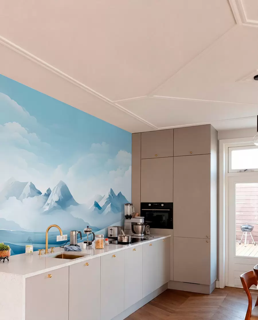 murais de parede Nuvens e montanhas azuis minimalistas, clima gelado w08811
