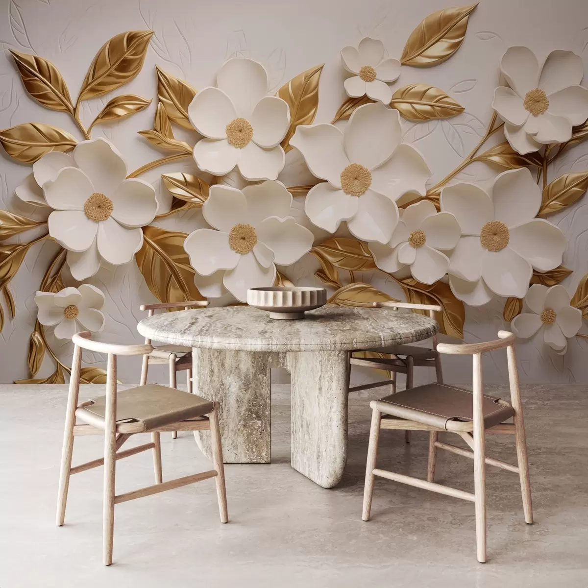 murais de parede flores brancas em 3D com folhas amarelas em relevo w08814