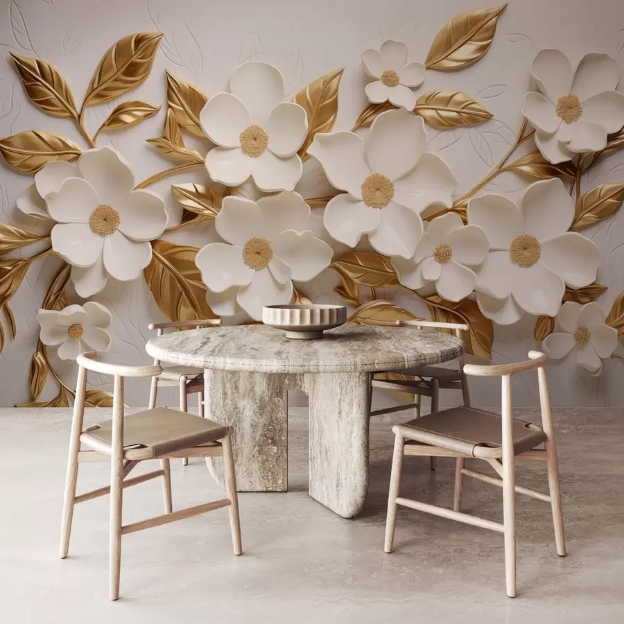 murais de parede flores brancas em 3D com folhas amarelas em relevo w08814