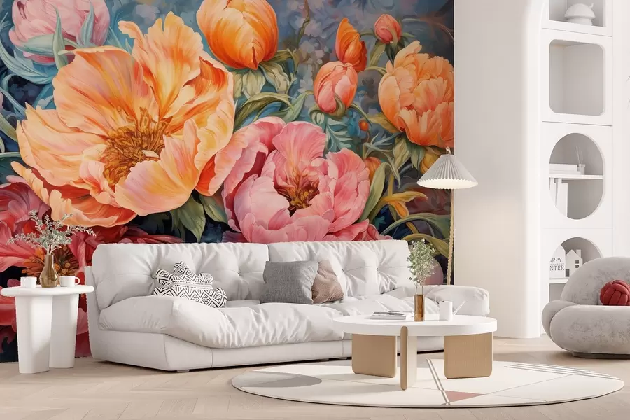 murais de parede Tulipas e peônias, uma composição floral em estilo de pincelada a óleo w08817