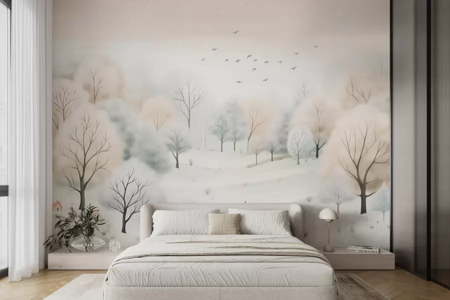 murais de parede Floresta de inverno com árvores, pequenas casas, pássaros e neve em um estilo leve de aquarela w08815