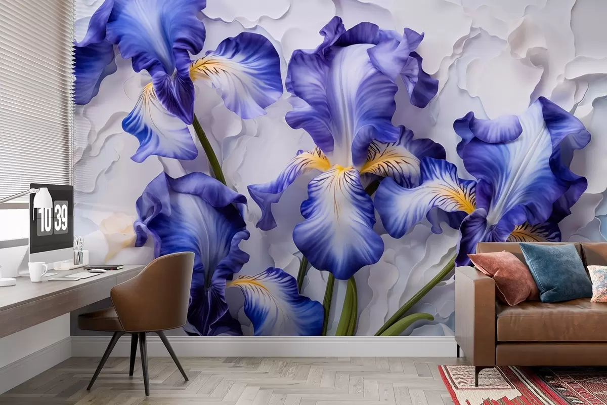 murais de parede Íris brancas e azuis em estilo aquarela w08816