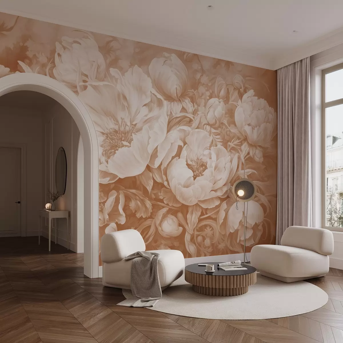 murais de parede Tulipas e peônias, uma composição floral em estilo pincelada a óleo bege w08817v1