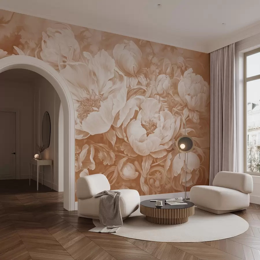 murais de parede Tulipas e peônias, uma composição floral em estilo pincelada a óleo bege w08817v1