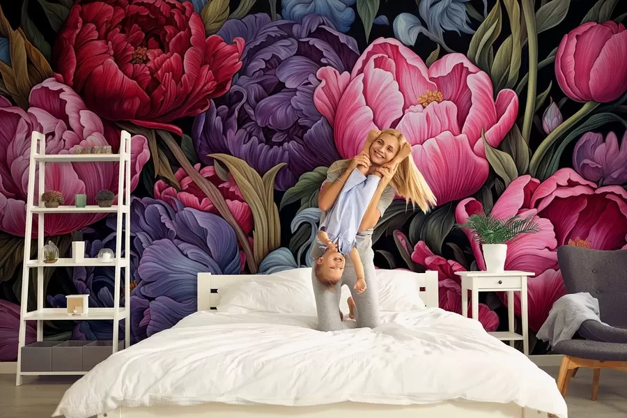 murais de parede Tulipas e peônias em estilo vitoriano, nas cores rosa e roxo w08818