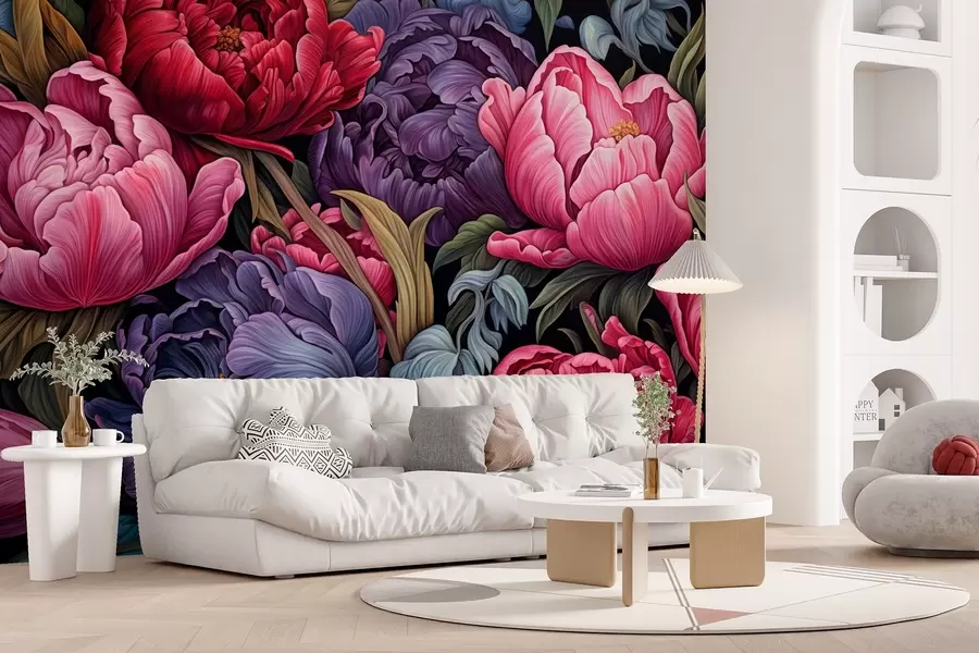 murais de parede Tulipas e peônias em estilo vitoriano, nas cores rosa e roxo w08818