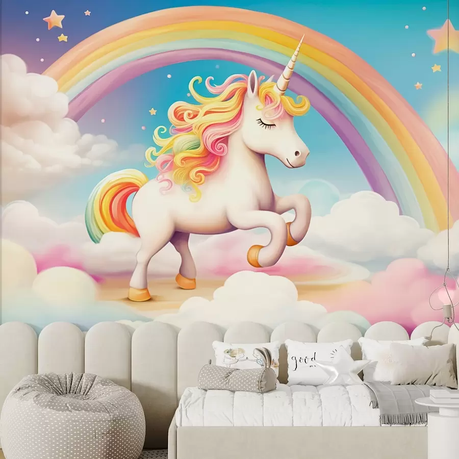 murais de parede Um cavalo unicórnio com um arco-íris, nuvens e um céu estrelado w08820