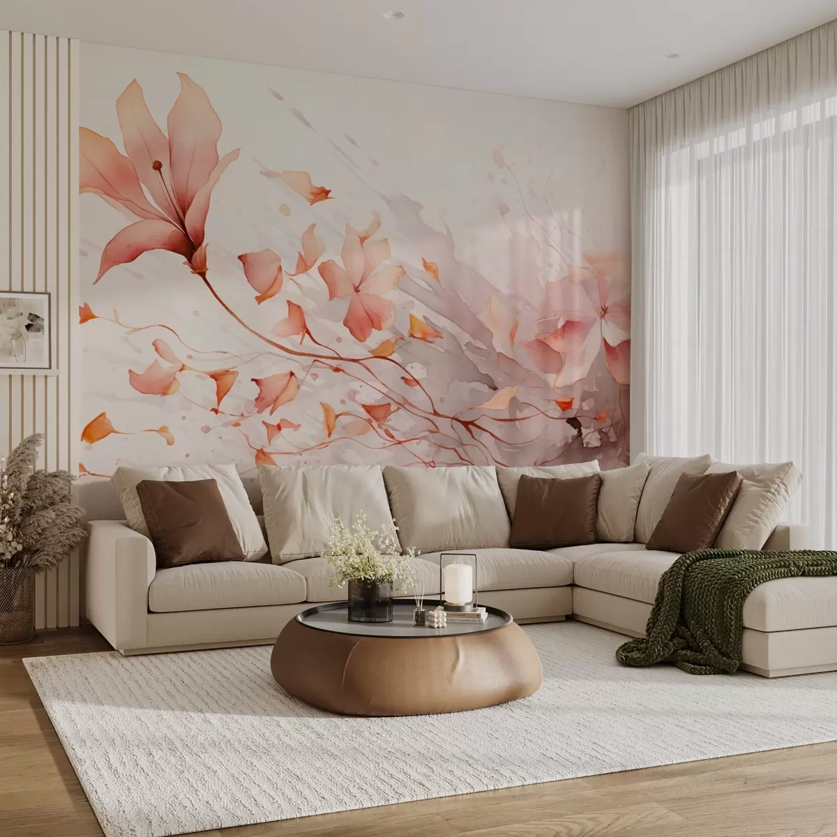 murais de parede Uma flor com pétalas caindo em estilo aquarela em tons quentes w08821v1