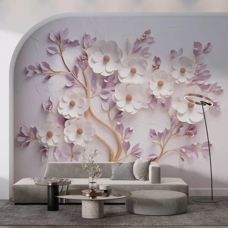 murais de parede Árvore com flores em estilo baixo-relevo w03246