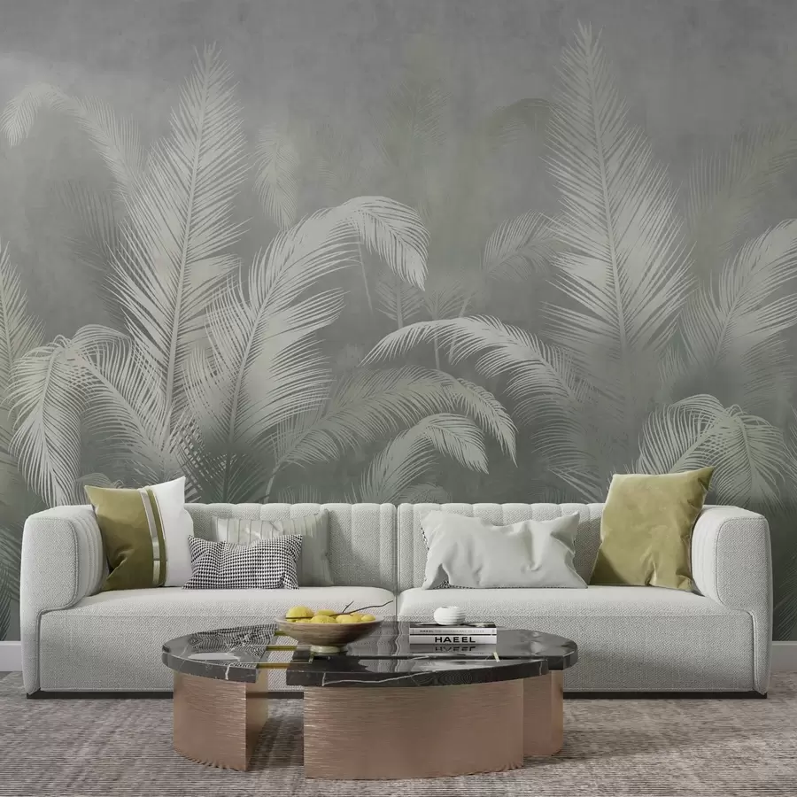 murais de parede Folhas de palmeira tropical em estilo grunge na cor verde w03250v2
