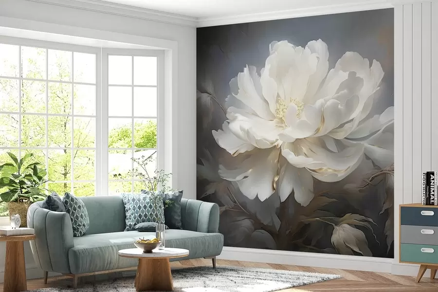 murais de parede Grande flor abstrata branca em um fundo escuro w08859