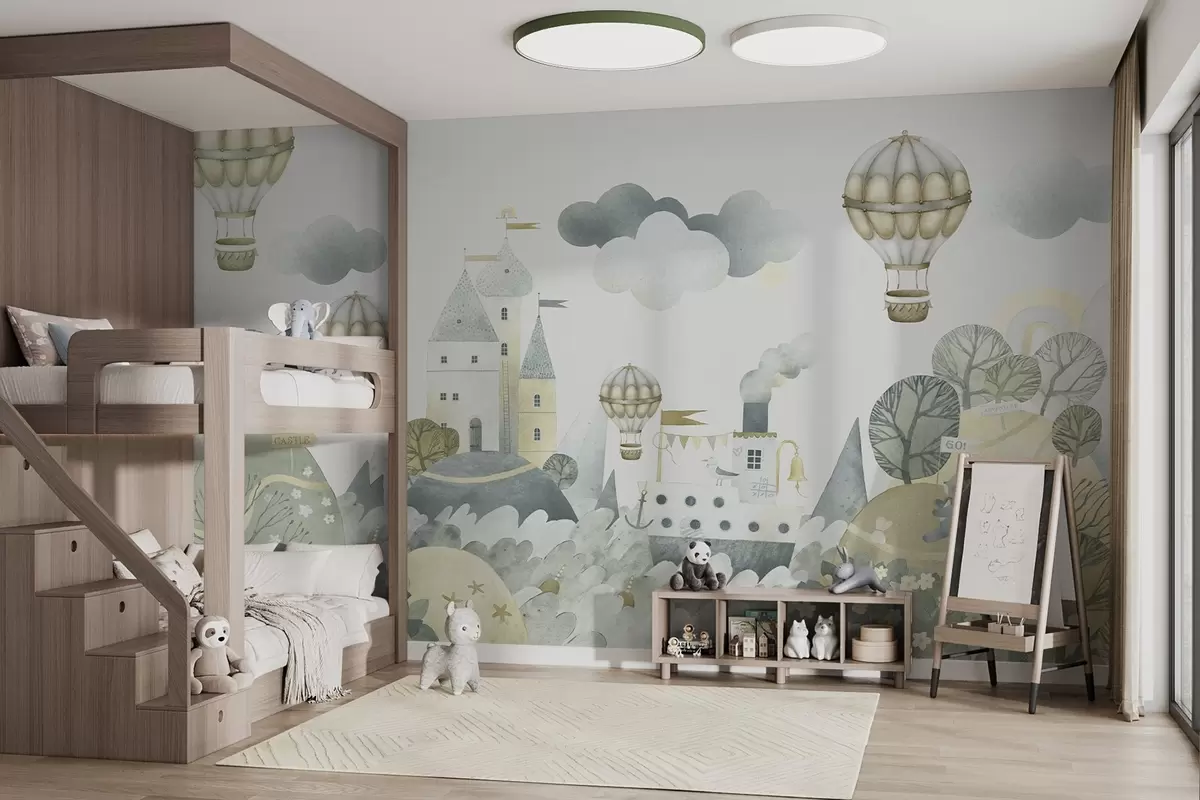 murais de parede Balões de ar quente sobre uma cidade de contos de fadas w03258v1