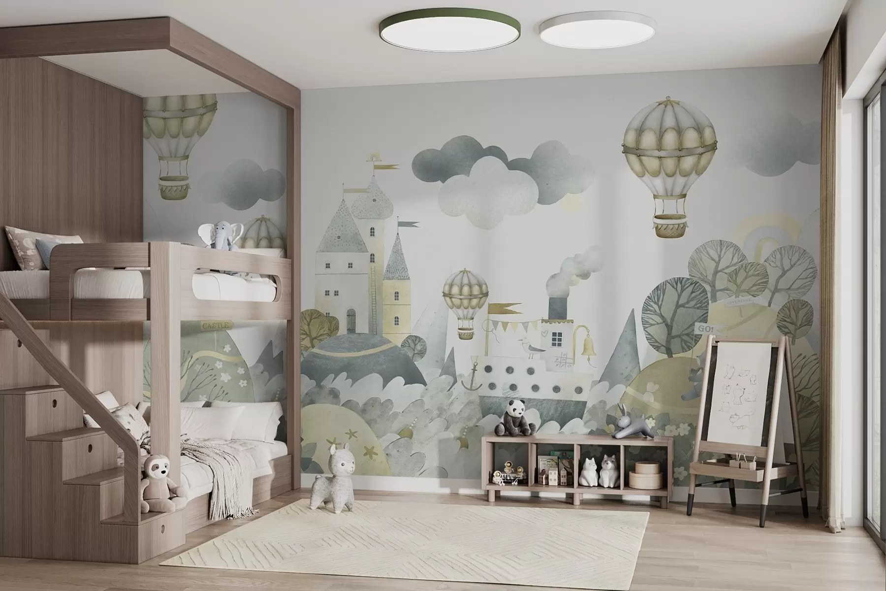 murais de parede Balões de ar quente sobre uma cidade de contos de fadas w03258v1