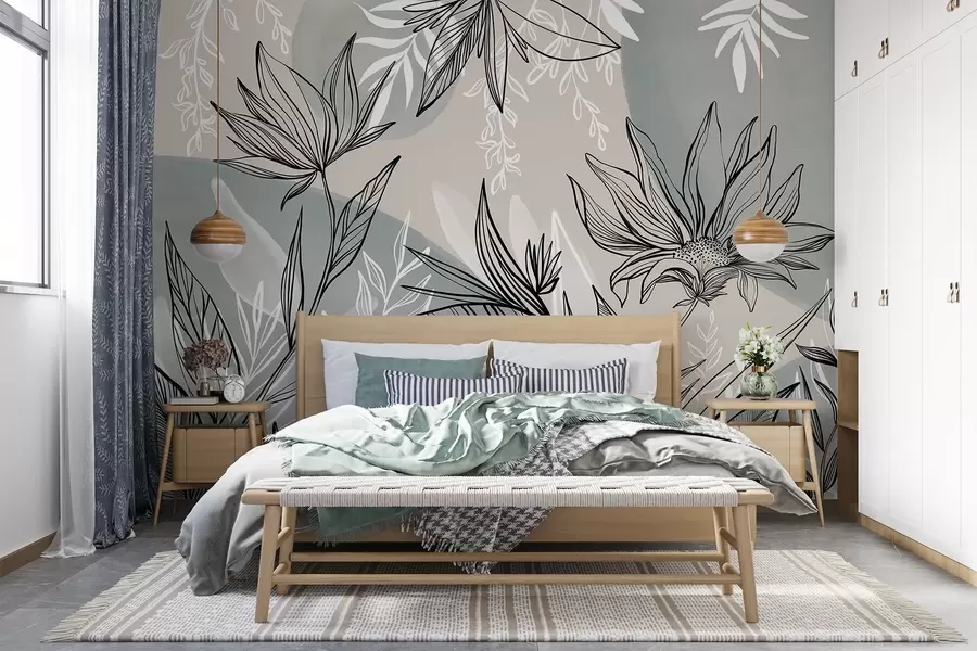 murais de parede Arte de linha floral com folhas e flores grandes, em um fundo de aquarela bege e azul  w08865