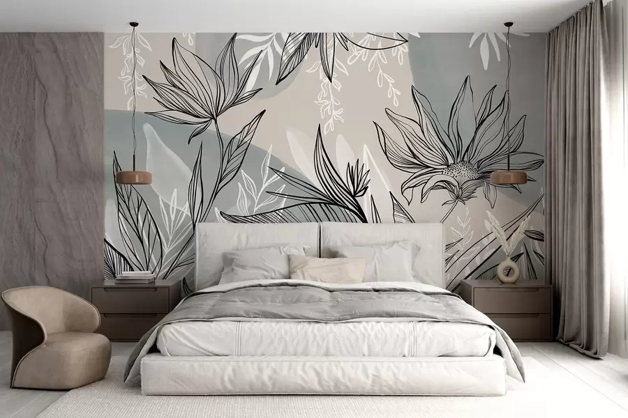 murais de parede Arte de linha floral com folhas e flores grandes, em um fundo de aquarela bege e azul  w08865