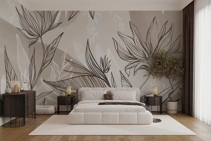 murais de parede Arte de linha floral com folhas e flores grandes, em um fundo de aquarela bege  w08865v1