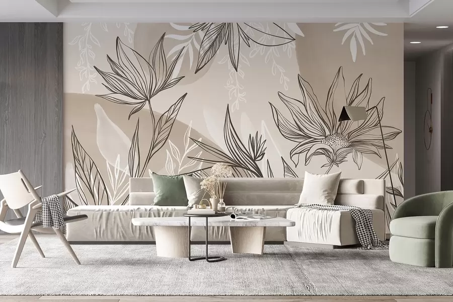 murais de parede Arte de linha floral com folhas e flores grandes, em um fundo de aquarela bege  w08865v1
