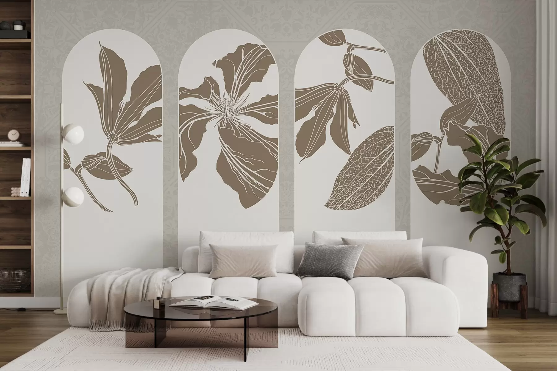 murais de parede Arcos elegantes com desenhos florais em bege e branco, em um fundo bege texturizado, estilo minimalista w08866