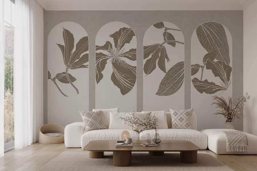 murais de parede Arcos elegantes com desenhos florais em bege e branco, em um fundo bege texturizado, estilo minimalista w08866