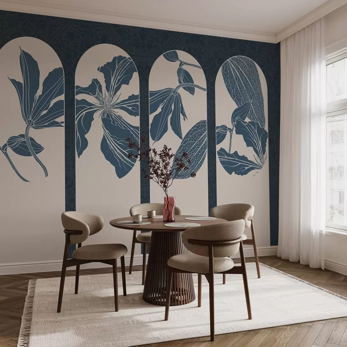 murais de parede Arcos elegantes com desenhos florais em azul escuro e branco, em um fundo bege texturizado, estilo minimalista w08866v1