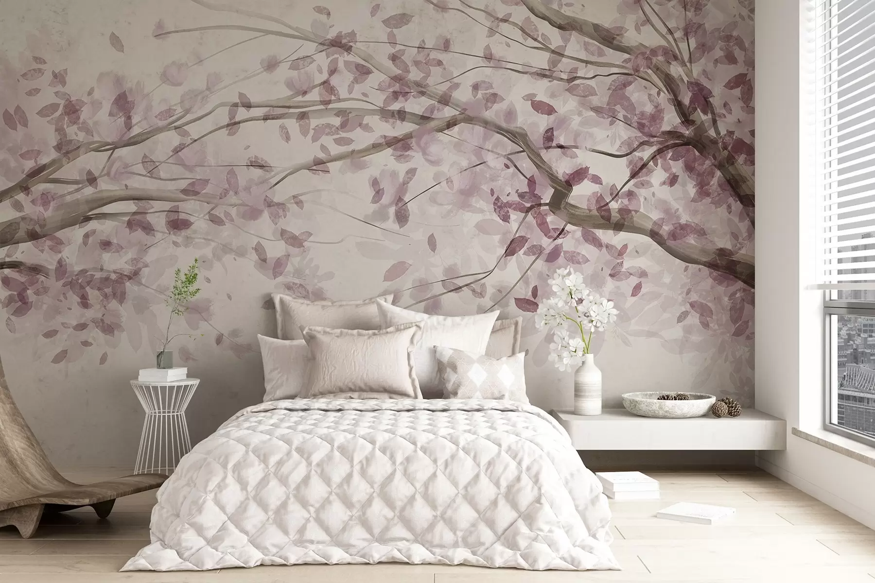 murais de parede Ramos de flores com folhas cor-de-rosa, cores suaves, detalhes delicados, estilo aquarela, em um fundo claro w08867