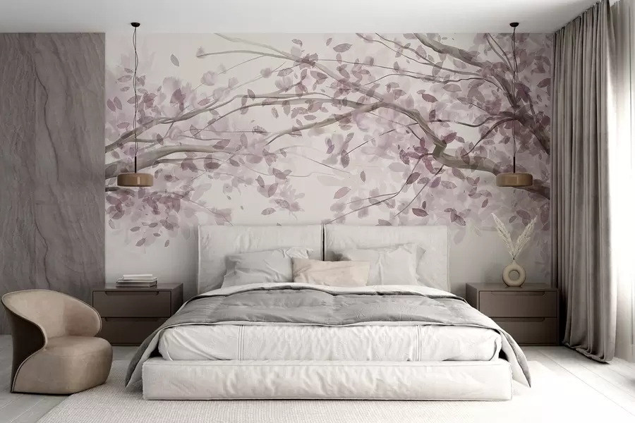 murais de parede Ramos de flores com folhas cor-de-rosa, cores suaves, detalhes delicados, estilo aquarela, em um fundo claro w08867