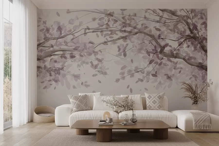 murais de parede Ramos de flores com folhas cor-de-rosa, cores suaves, detalhes delicados, estilo aquarela, em um fundo claro w08867