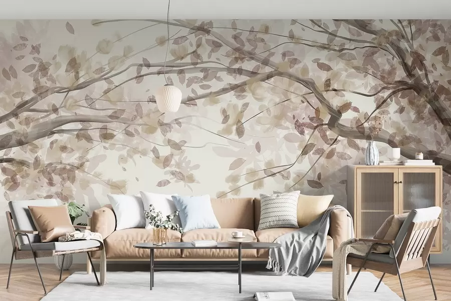 murais de parede Ramos de flores com folhas bege, cores suaves, detalhes delicados, estilo aquarela, em um fundo claro w08867v1